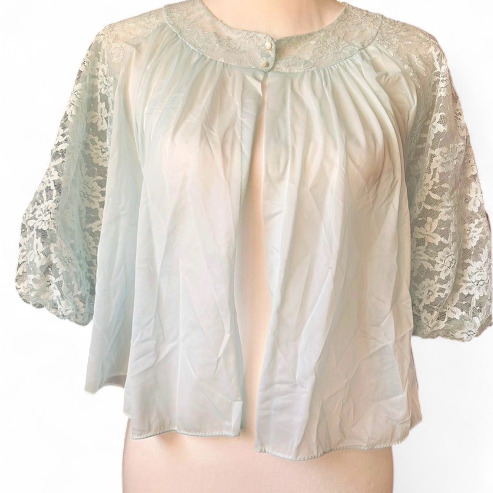 Vintage‎ Vanity Fair Sheer Lace Bed Jacket – Mint Blue – Size Small